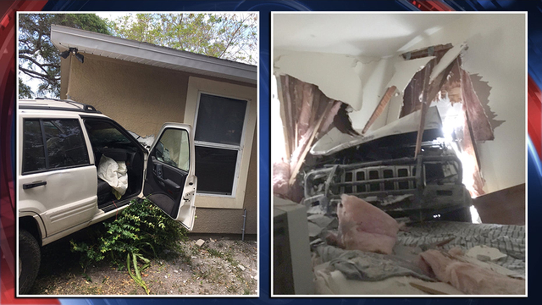 Two people are wanted by police after crashing a stolen vehicle into the side of a home, and then taking off.