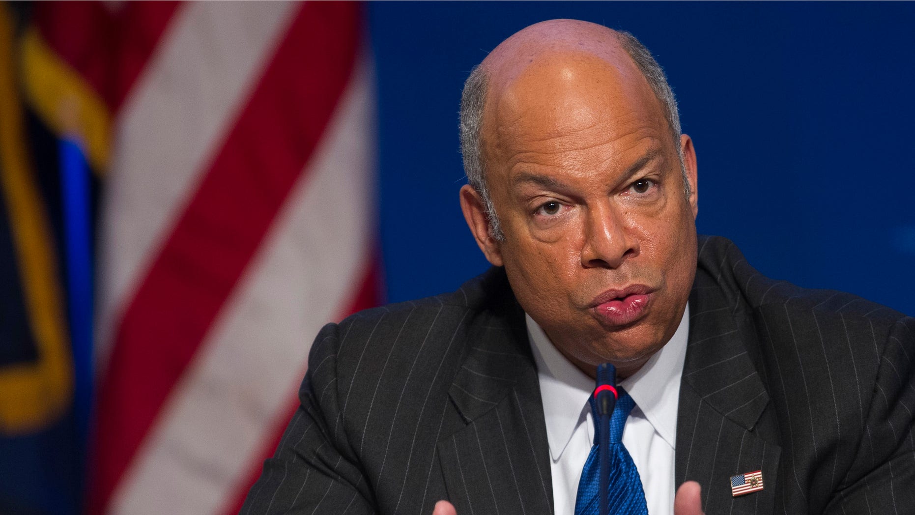 Department of Homeland Security Secretary Jeh Johnson speaks about the agency's budget and cybersecurity at the Homeland Security and Public Safety Committee session during the National Governors Association Winter Meeting in Washington, Sunday, Feb. 22, 2015. Several Republican governors are urging GOP congressional leaders to stand firm next week in opposing legislation funding the Department of Homeland Security if it doesn't also overturn President Barack Obama's executive action on immigration. (AP Photo/Cliff Owen)