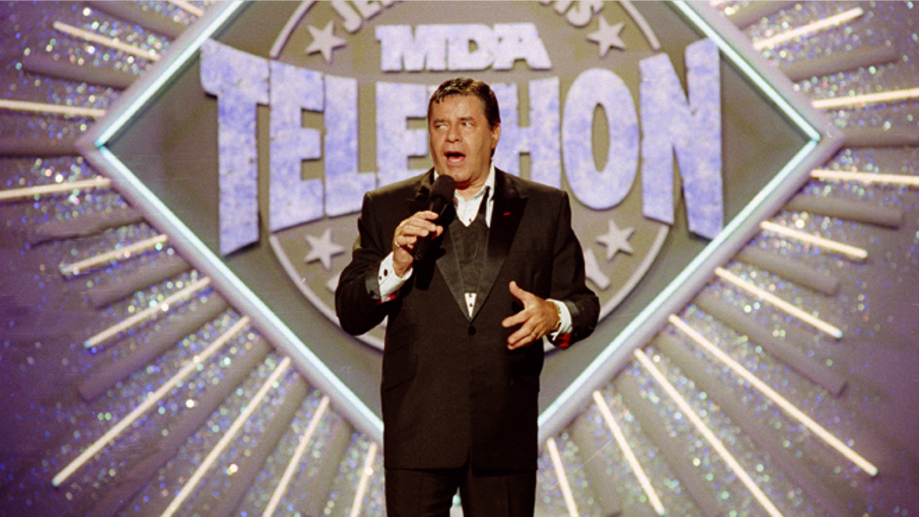 Sept. 2, 1990. Jerry Lewis makes his opening remarks at the 25th Anniversary of the Jerry Lewis MDA Labor Day Telethon fundraiser in Los Angeles.
