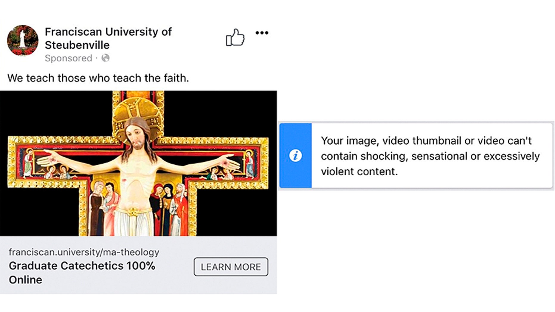 Facebook apologized for rejecting an ad on Good Friday from a Catholic university depicting Jesus on a cross.