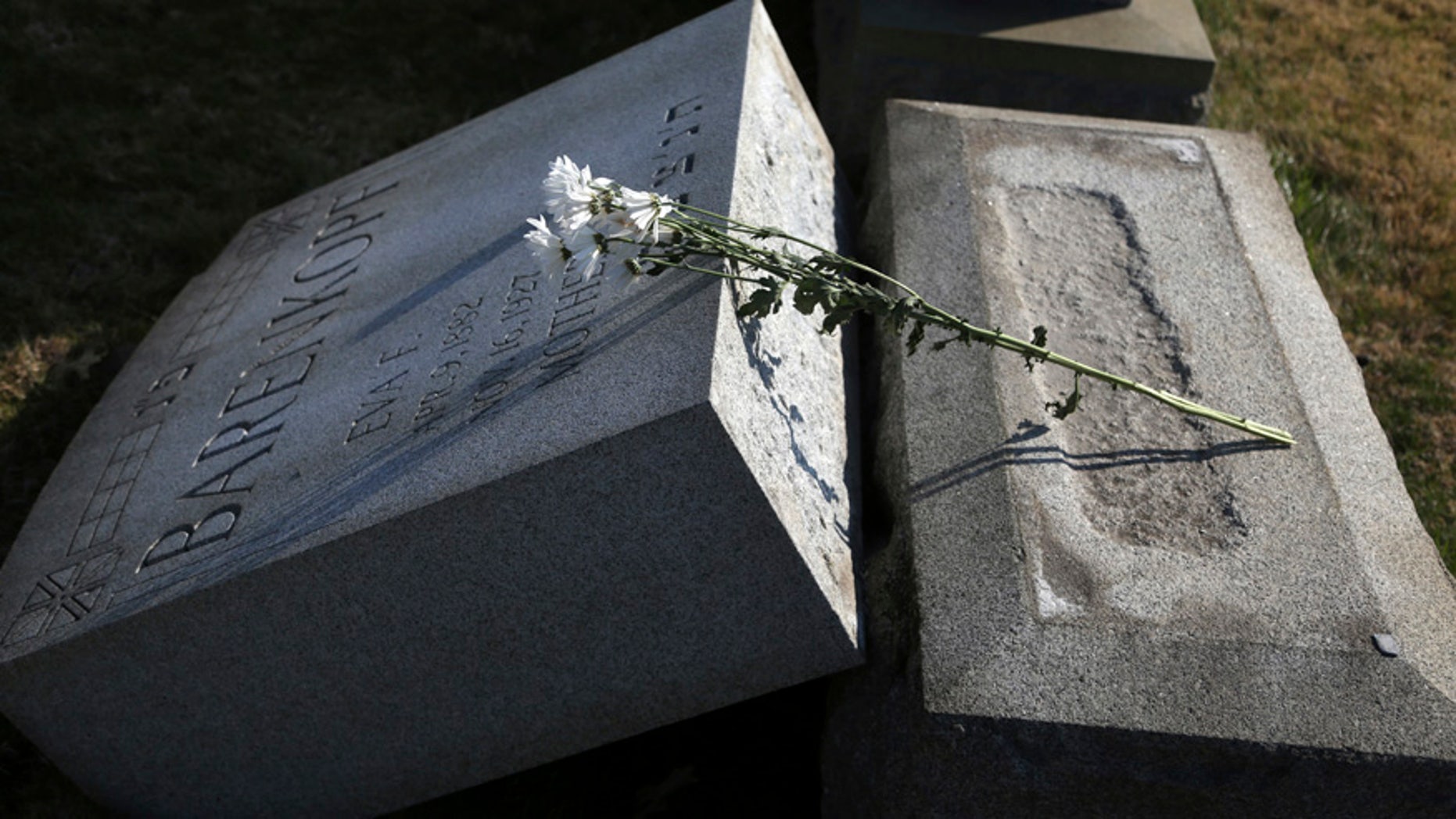 Flowers rest on a damaged headstone at Mount Carmel Cemetery Feb. 28, 2017 in Philadelphia. Scores of volunteers are expected to help in an organized effort to clean up and restore the Jewish cemetery where vandals damaged hundreds of headstones. (AP Photo/Jacqueline Larma)