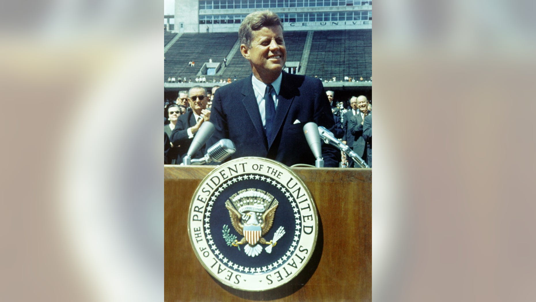 President John F. Kennedy makes his "moon speech" at Rice University in Houston on Sept. 12, 1962.