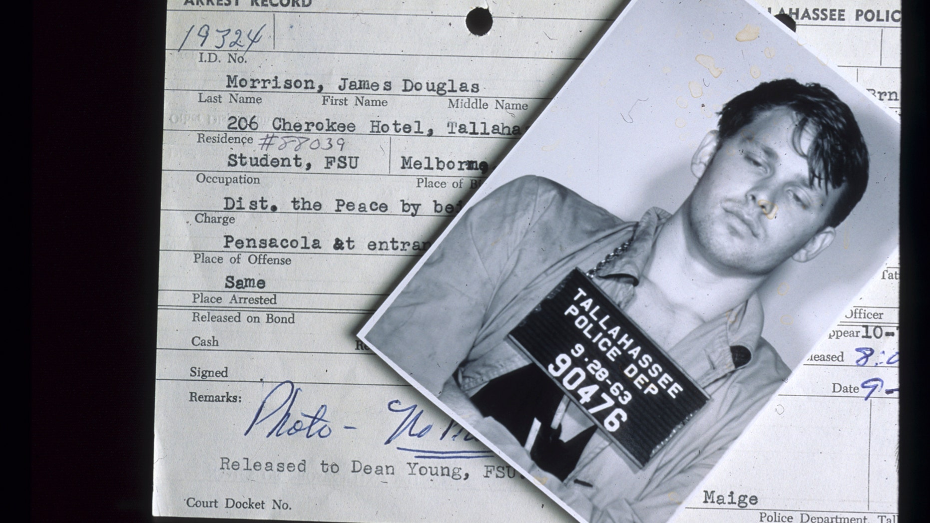 This Sept. 28, 1963 photo released by the Florida Dept of State archives, shows the arrest mug and record of singer Jim Morrison. Morrison was arrested following a football game at Florida State University. (AP)