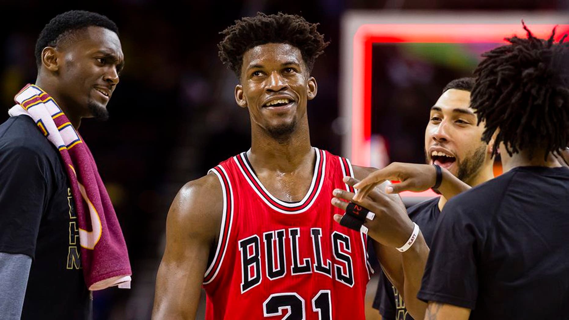 CLEVELAND, OH - FEBRUARY 25: Jimmy Butler #21 of the Chicago Bulls celebrates with teammates after the Bulls defeated the Cleveland Cavaliers at Quicken Loans Arena on February 25, 2017 in Cleveland, Ohio. The Bulls defeated the Cavaliers 117-99. NOTE TO USER: User expressly acknowledges and agrees that, by downloading and/or using this photograph, user is consenting to the terms and conditions of the Getty Images License Agreement. (Photo by Jason Miller/Getty Images)