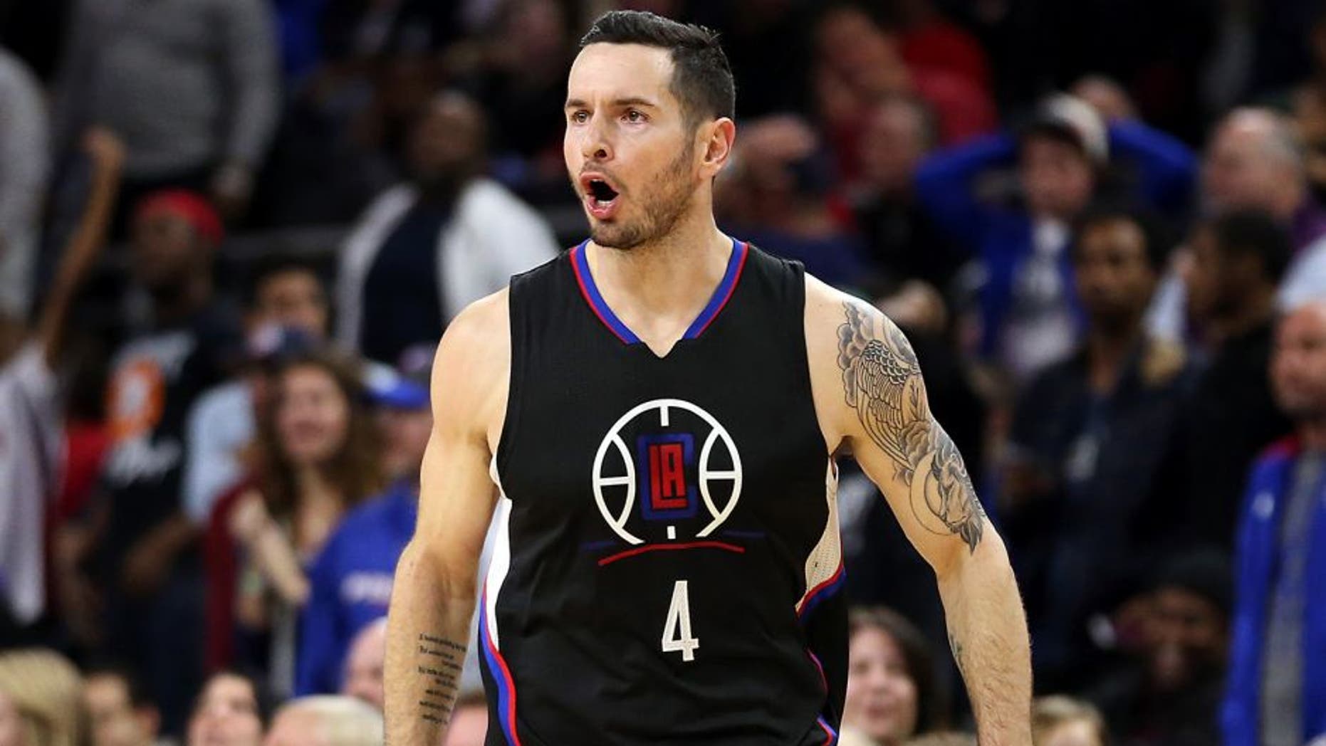 Dec 14, 2015; Auburn Hills, MI, USA; Los Angeles Clippers guard J.J. Redick (4) reacts after making a three point shot in the fourth quarter of the game against the Detroit Pistons at The Palace of Auburn Hills. The Los Angeles Clippers defeated the Detroit Pistons 105-103 in overtime. Mandatory Credit: Leon Halip-USA TODAY SportsL