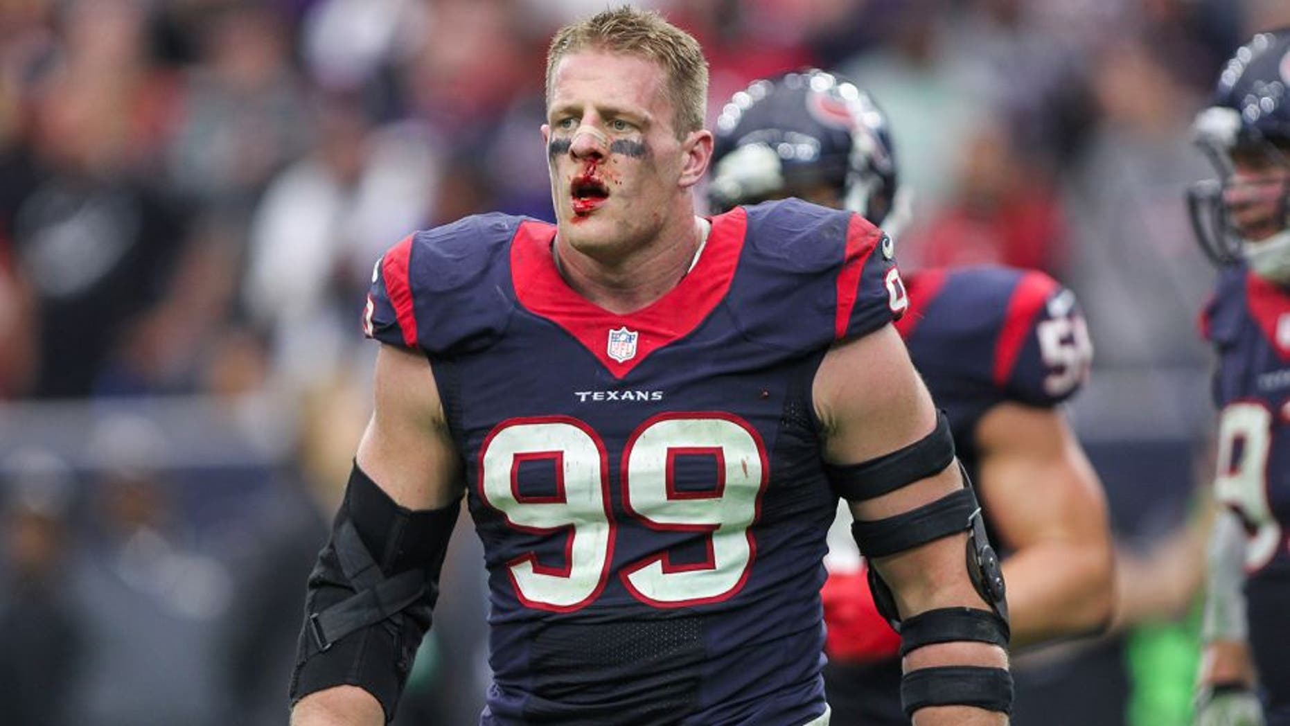 Dec 21, 2014; Houston, TX, USA; Houston Texans defensive end J.J. Watt (99) during the fourth quarter against the Baltimore Ravens at NRG Stadium. The Texans defeated the Ravens 25-13. Mandatory Credit: Troy Taormina-USA TODAY Sports