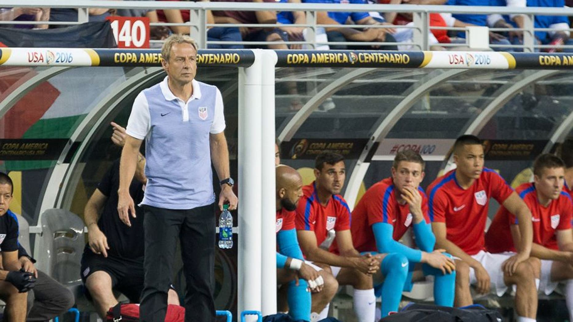 Jun 3, 2016; Santa Clara, CA, USA; United States head coach Jurgen Klinsmann (C) stands on the sideline against Colombia in the second half during the group play stage of the 2016 Copa America Centenario at Levi's Stadium. Colombia won 2-0. Mandatory Credit: Kelley L Cox-USA TODAY Sports