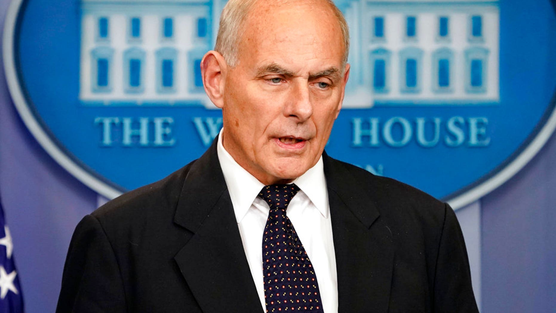 White House Chief of Staff John Kelly speaks to the media during the daily briefing in the Brady Press Briefing Room of the White House, Thursday, Oct. 19, 2017. (AP Photo/Pablo Martinez Monsivais)
