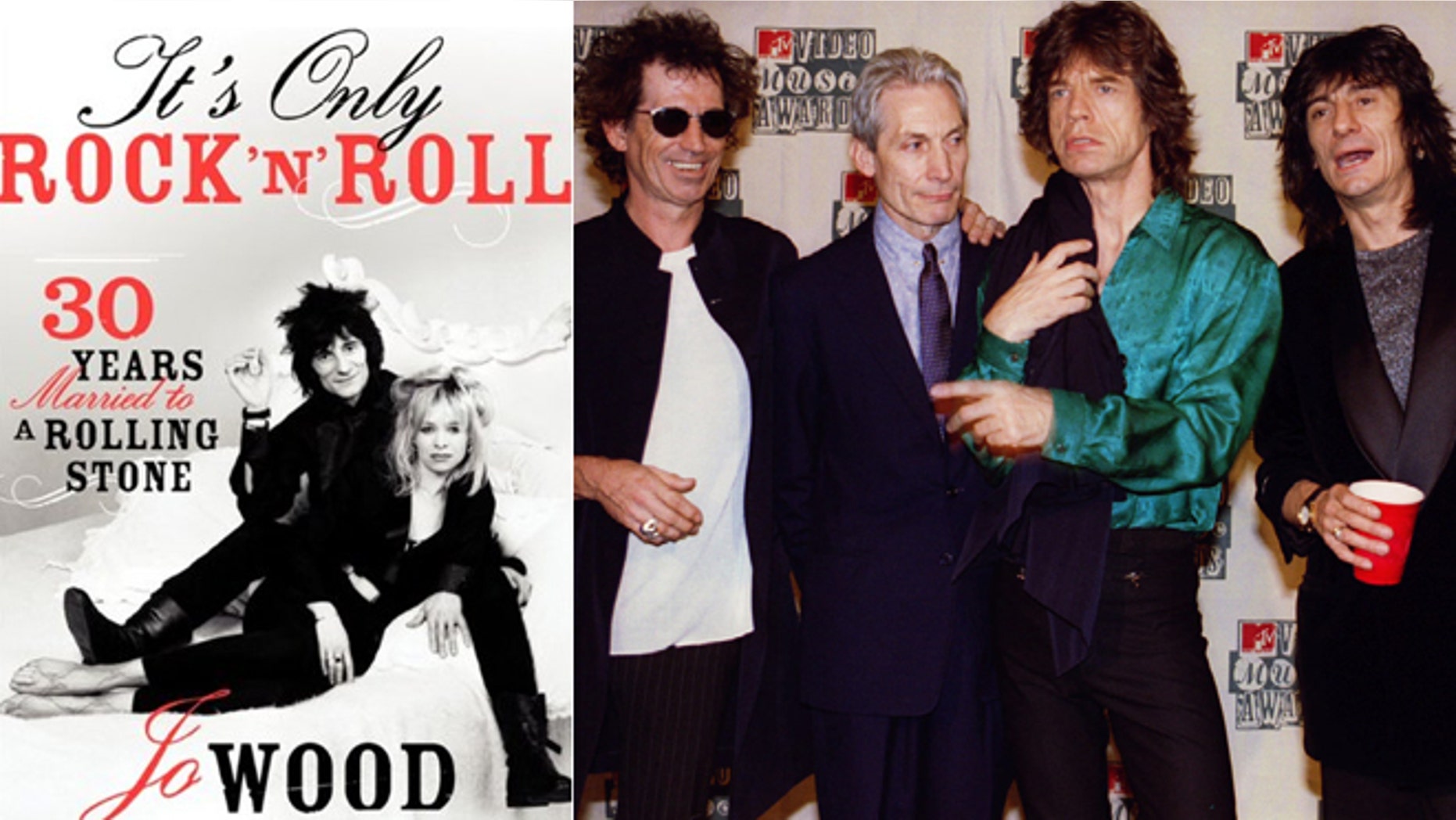 Jo Wood's book cover is seen, left, with the Rolling Stones, right.