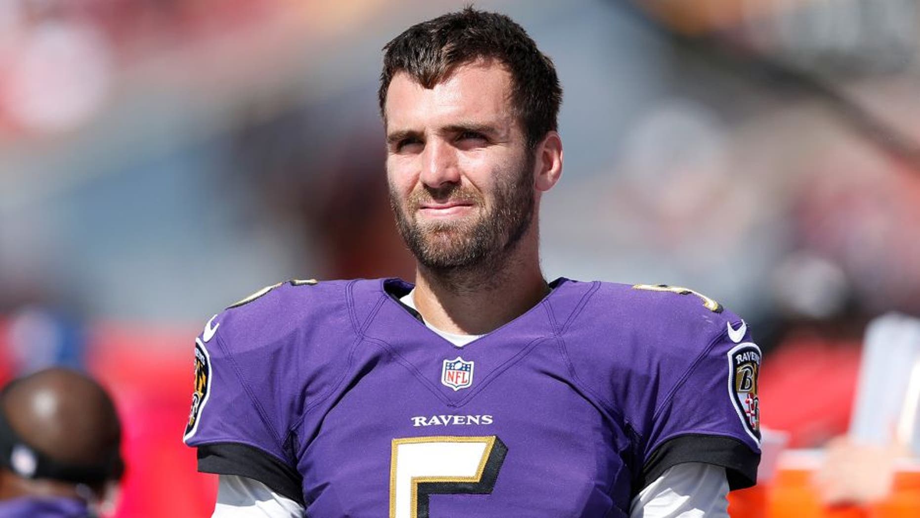 TAMPA, FL - OCTOBER 12: Joe Flacco #5 of the Baltimore Ravens looks on against the Tampa Bay Buccaneers during the game at Raymond James Stadium on October 12, 2014 in Tampa, Florida. The Ravens defeated the Buccaneers 48-17. (Photo by Joe Robbins/Getty Images) *** Local Caption *** Joe Flacco