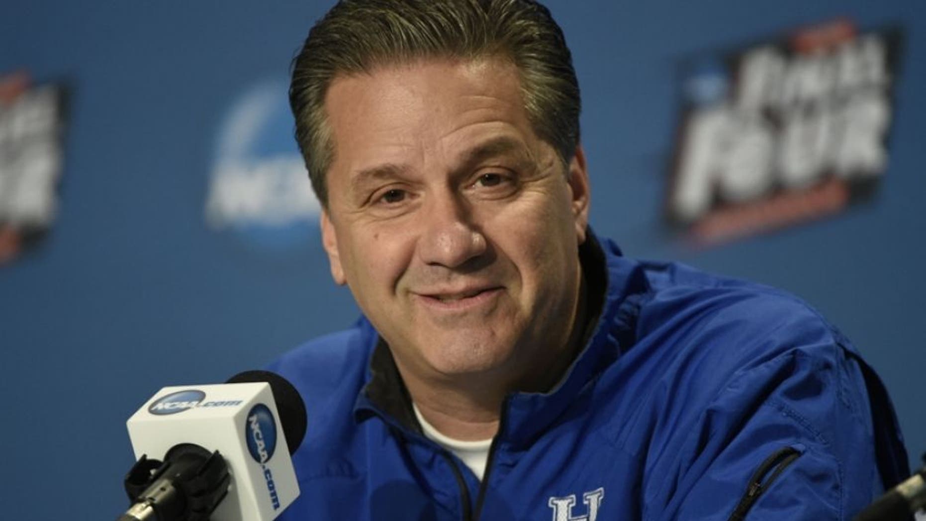 Apr 3, 2015; Indianapolis, IN, USA; Kentucky Wildcats head coach John Calipari speaks during a press conference for the 2015 NCAA Men's Division I Championship semi-final game at Lucas Oil Stadium. Mandatory Credit: Jamie Rhodes-USA TODAY Sports