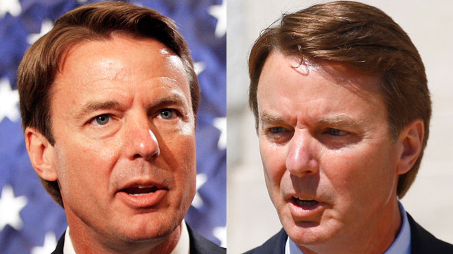 On the left, John Edwards campaigns in 2007. On the right, John Edwards speaks outside a courtroom in 2012.
