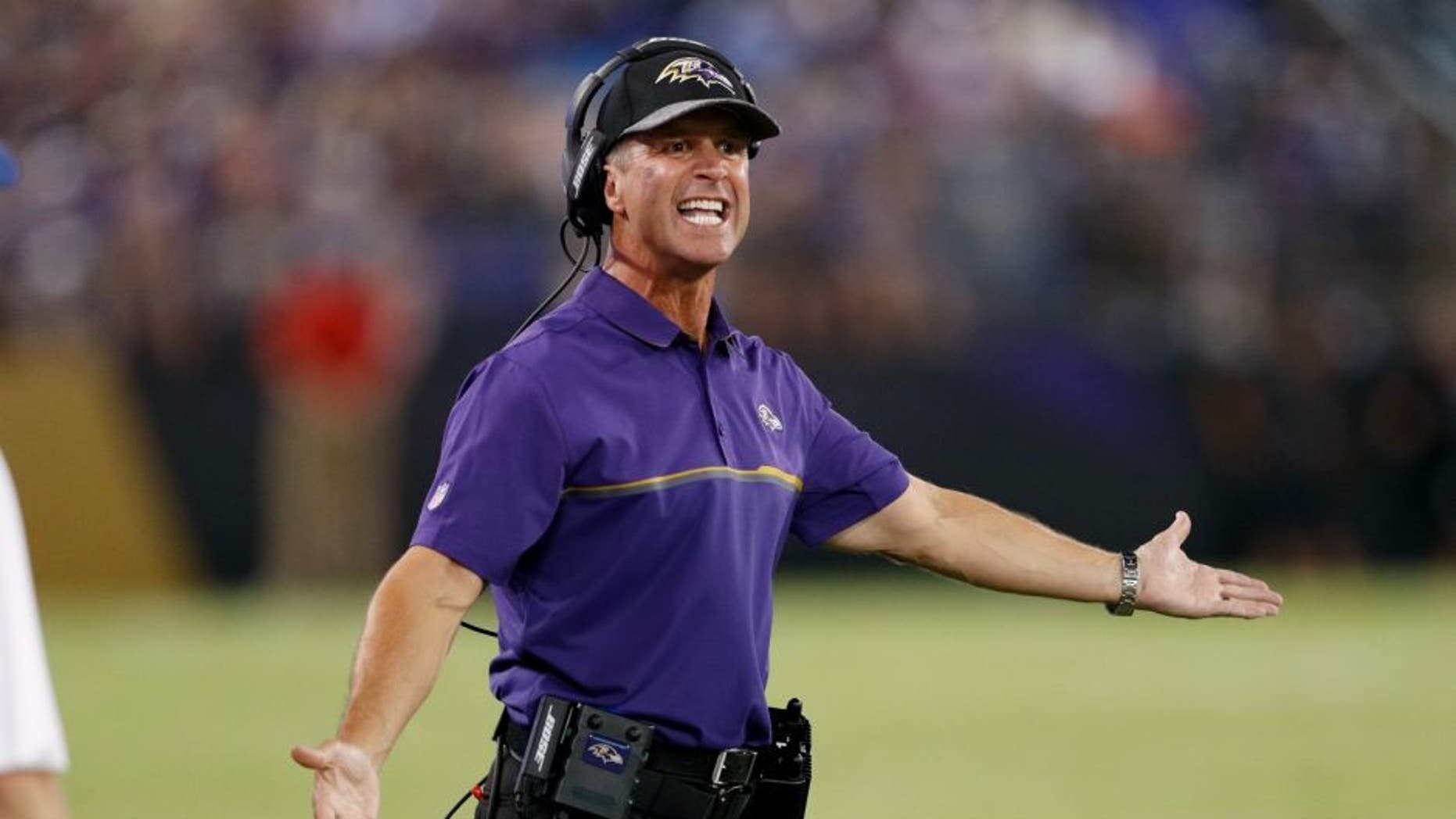BALTIMORE, MD - AUGUST 11: Head coach John Harbaugh of the Baltimore Ravens reacts in the second quarter of a preseason NFL game against the Carolina Panthers at M&T Bank Stadium on August 11, 2016 in Baltimore, Maryland. (Photo by Joe Robbins/Getty Images)