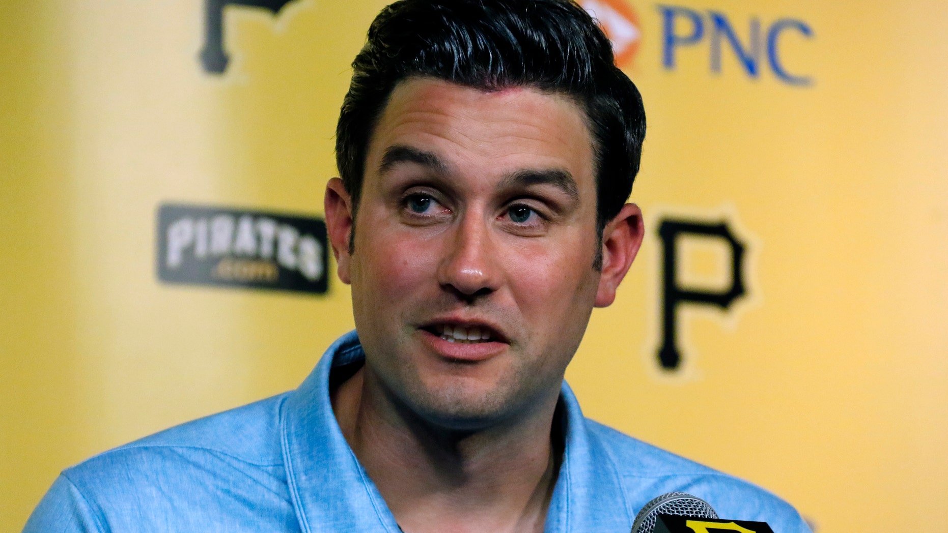 Major League umpire John Tumpane talks about a woman who hopped over a railing of the Roberto Clemente Bridge over the Allegheny River on Wednesday, June 28, 2017, in Pittsburgh.
