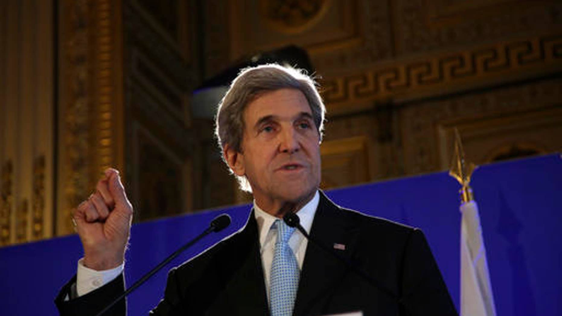 U.S. Secretary of State John Kerry gives a press conference after a meeting on Syria, in Paris, Saturday, Dec. 10, 2016. Leading diplomats are in Paris in an effort to find solutions for the conflict in Syria. (AP Photo/Thibault Camus)