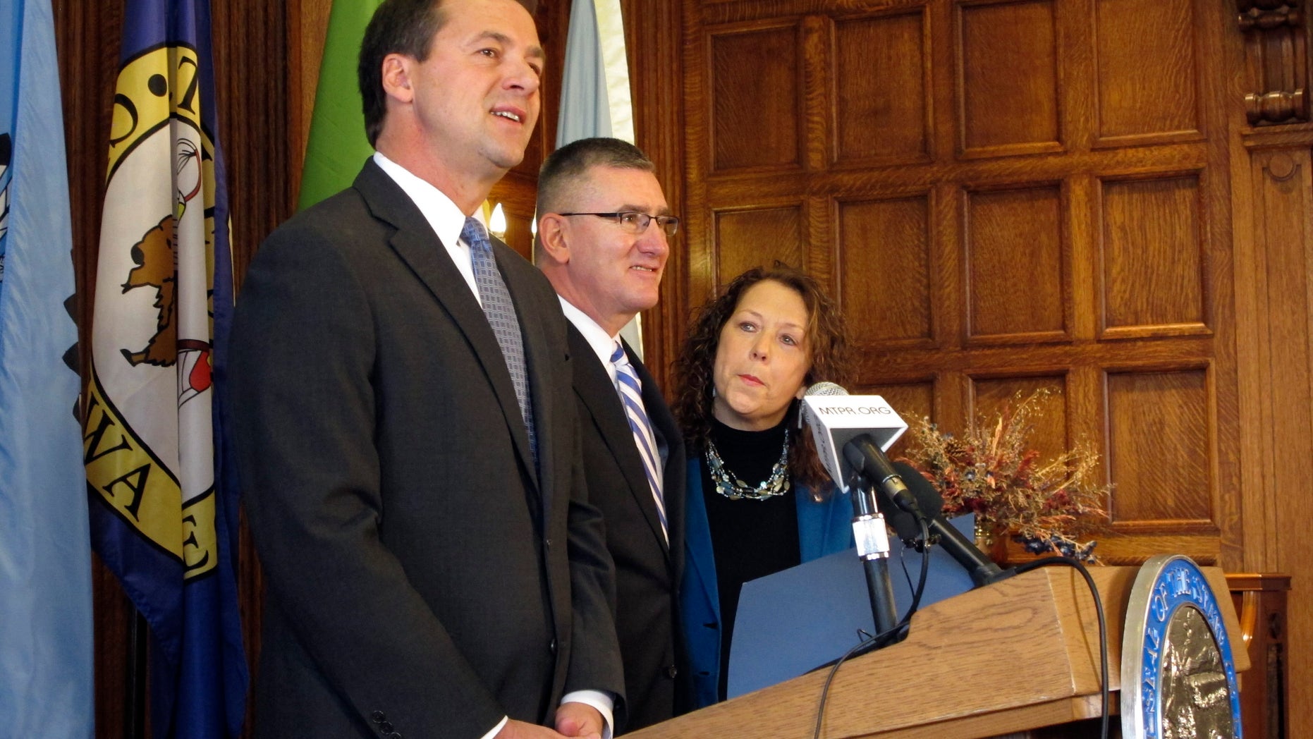 Feb. 7, 2014: Montana Gov. Steve Bullock, left, introduces his lieutenant governor, John Walsh, as his interim appointment to the U.S. Senate in Helena, Mont.