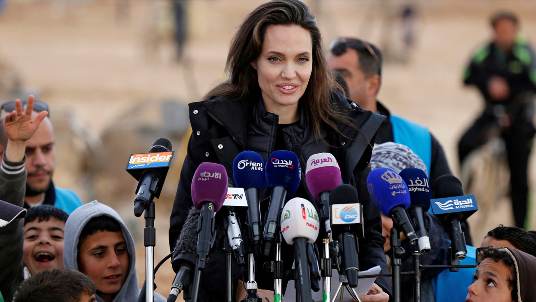 Actress Angelina Jolie speaks during a news conference at the Al Zaatri refugee camp, in the Jordanian city of Mafraq, near the border with Syria, January 28, 2018.