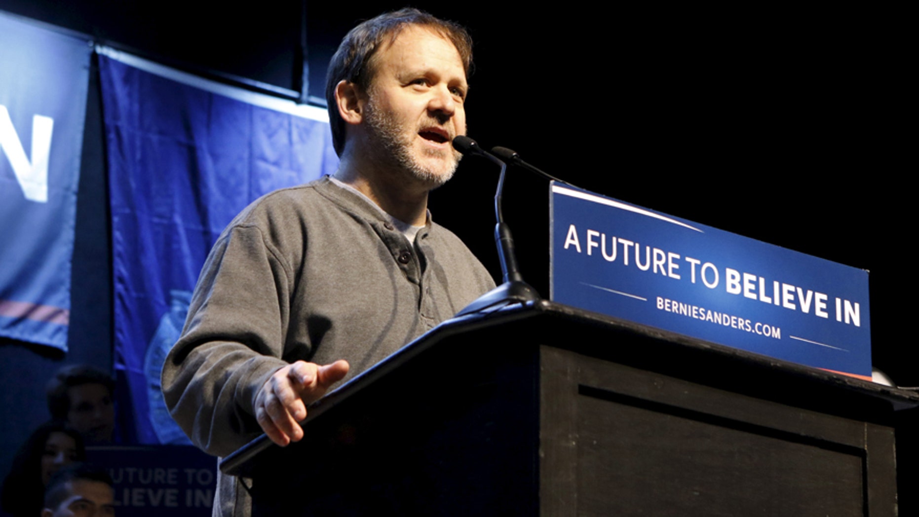 Jon Fishman, drummer in the band Phish, introduces U.S. Democratic presidential candidate and U.S. Senator Bernie Sanders at a campaign rally in Portland, Maine March 2, 2016.