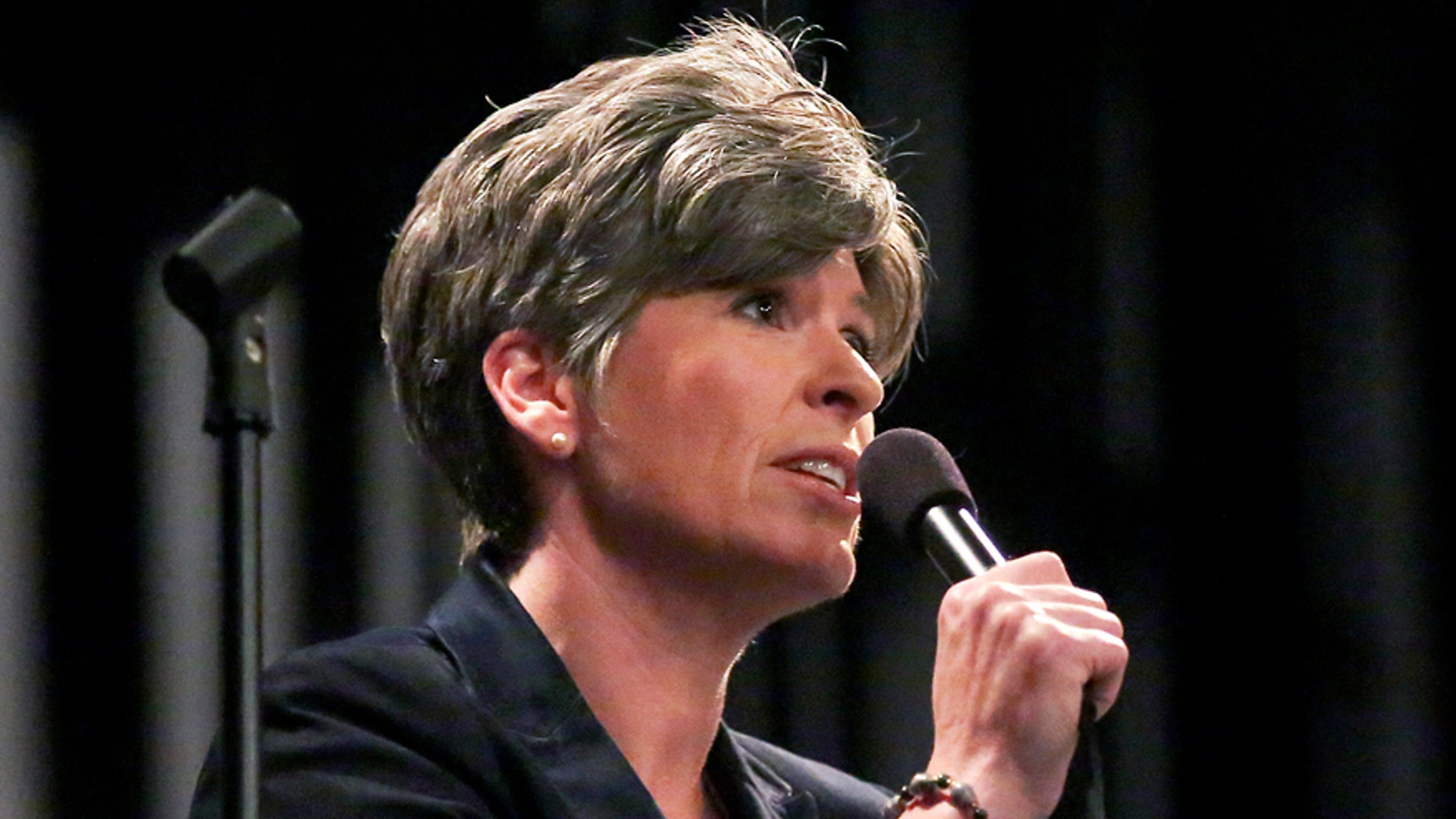In a Monday, April 10, 2017 photo, U.S. Sen. Joni Ernst, R-Iowa, speaks during a town hall meeting at Central Community School auditorium in Elkader, Iowa. (Nicki Kohl/Telegraph Herald via AP)