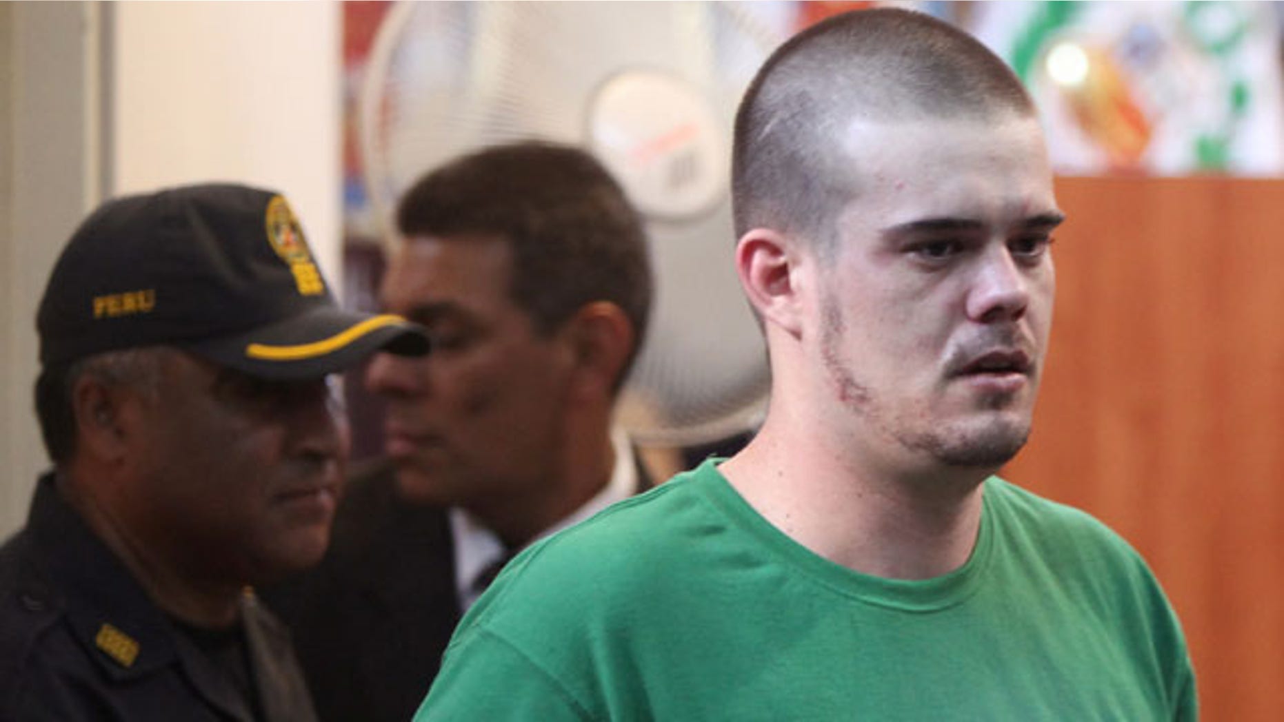Joran van der Sloot sits in the courtroom before his sentencing at San Pedro prison in Lima, Peru, Friday Jan. 13, 2012. Van der Sloot, 24, was sentenced for the 2010 murder of Stephany Flores, a young woman he met at a Lima casino. The Dutchman remains the prime suspect in the case of the unsolved disappearance of U.S. teen Natalee Holloway on the Caribbean island of Aruba. (AP Photo/Karel Navarro)
