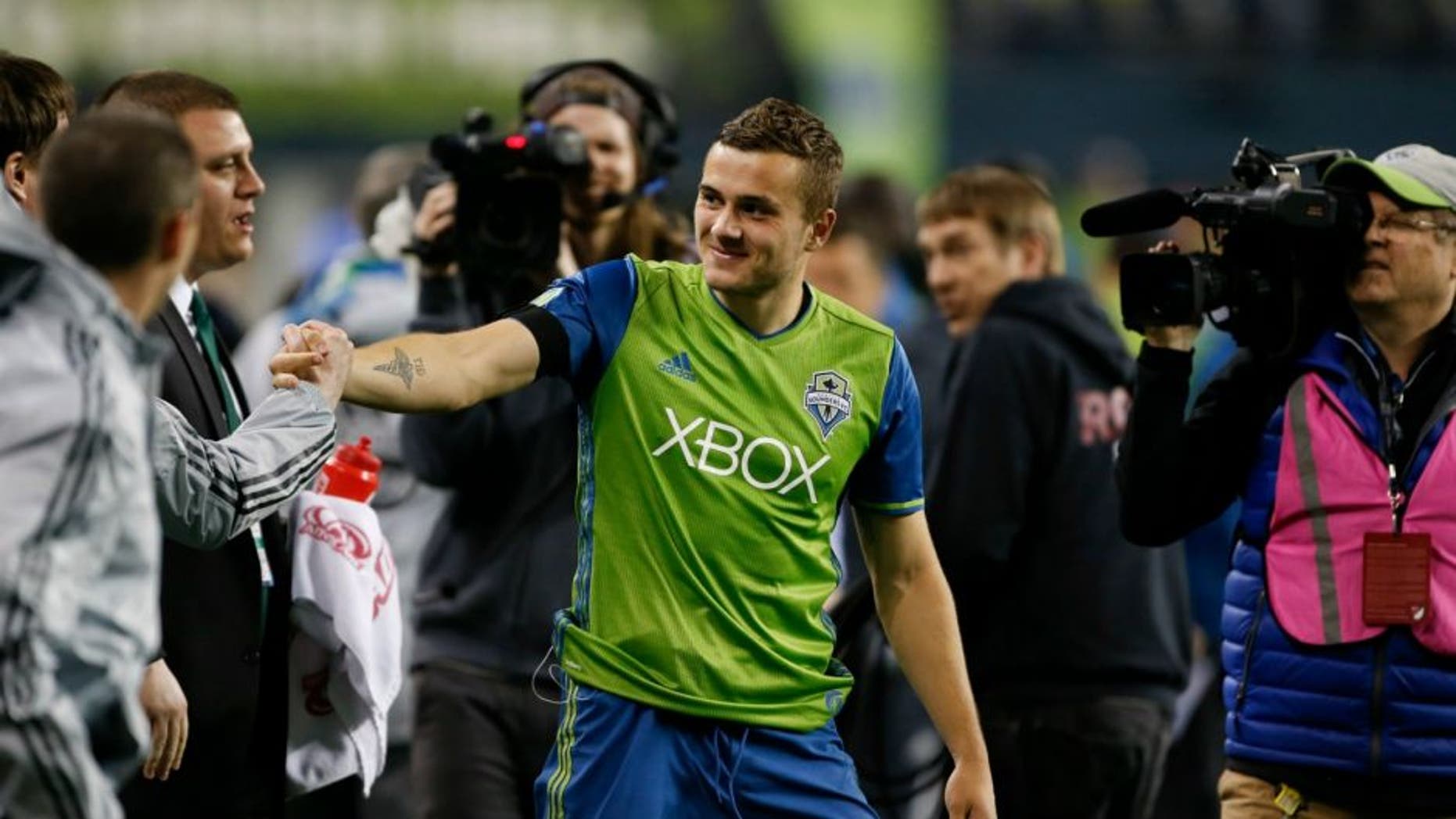 Apr 16, 2016; Seattle, WA, USA; Seattle Sounders forward Jordan Morris (13) smiles after a game against the Philadelphia Union at CenturyLink Field. Morris had his first career goal and Seattle won 2-1. Mandatory Credit: Jennifer Buchanan-USA TODAY Sports