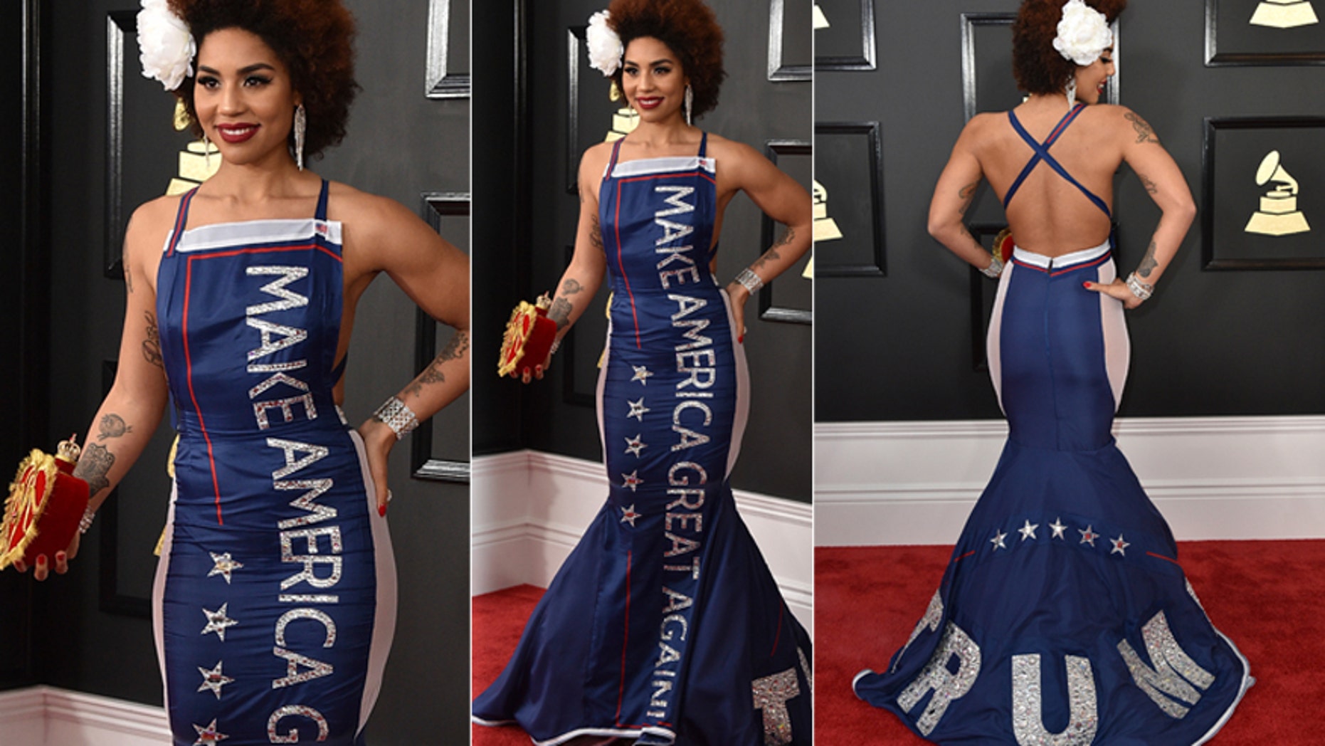 Joy Villa wears a gown that says Trump as she arrives at the 59th annual Grammy Awards at the Staples Center on Sunday, Feb. 12, 2017, in Los Angeles.