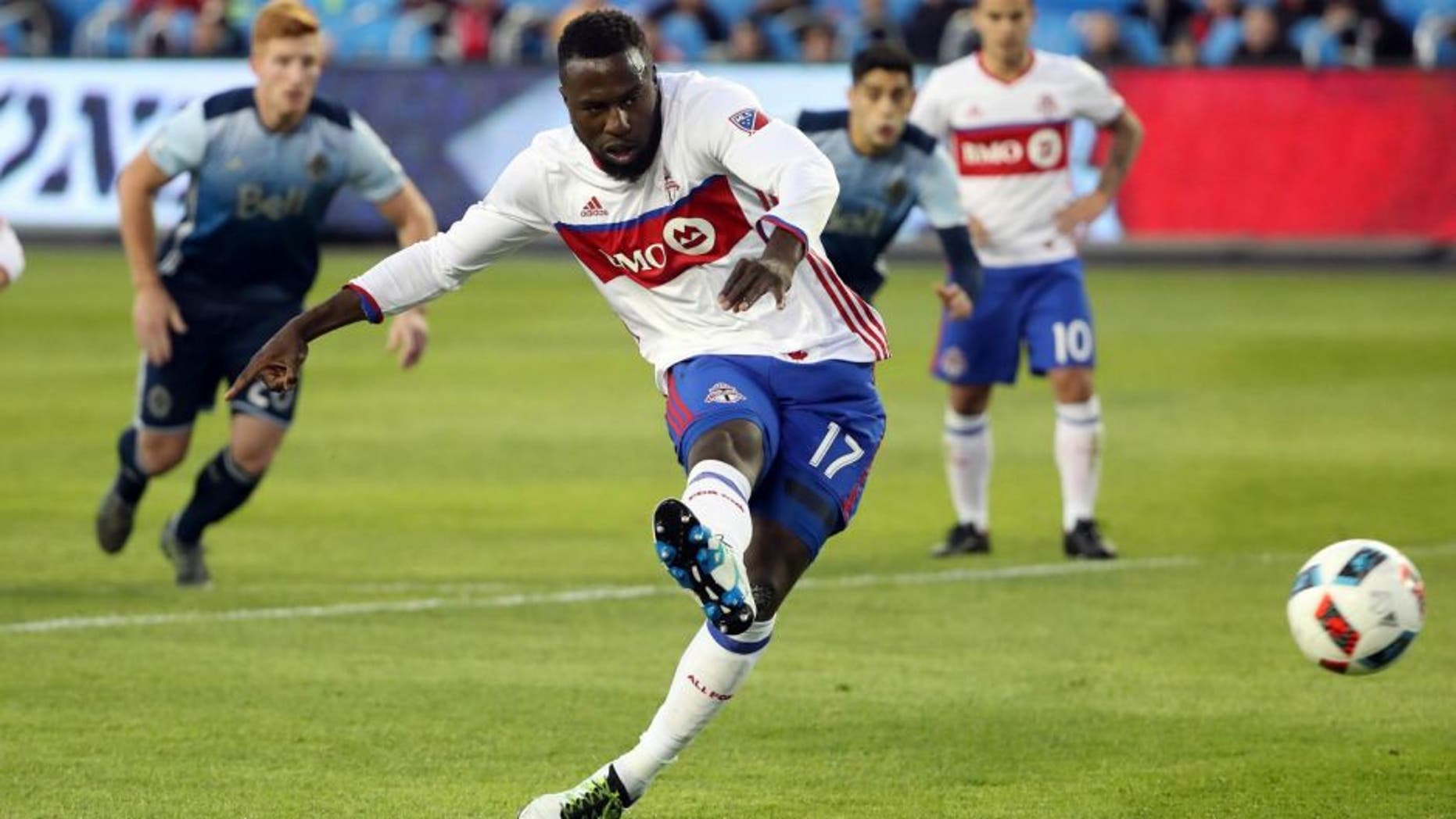 May 14, 2016; Toronto, Ontario, CAN; Toronto FC forward Jozy Altidore (17) fails to convert on a penalty kick against the Vancouver Whitecaps at BMO Field. The Whitecaps beat the FC 4-3. Mandatory Credit: Tom Szczerbowski-USA TODAY Sports