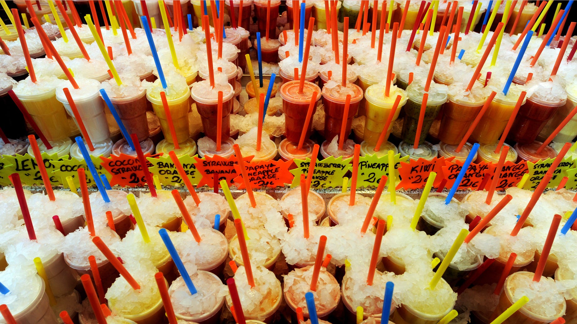 BARCELONA, SPAIN - MARCH 20: Fruit juices stand ready to be sold at a market stall at the La Boqueria market on March 20, 2009 in Barcelona, Spain. (Photo by Jasper Juinen/Getty Images)