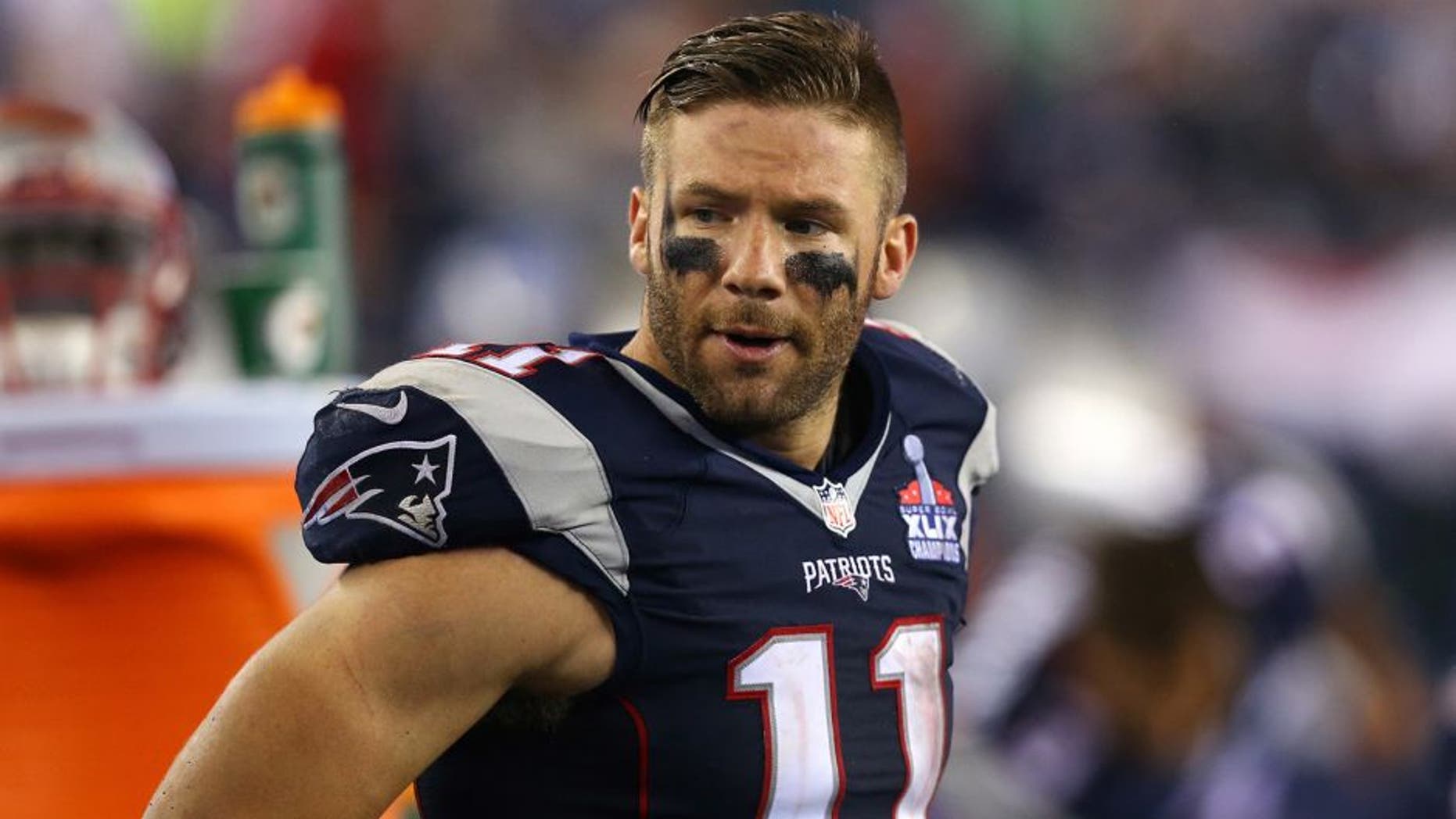 FOXBORO, MA - SEPTEMBER 10: Julian Edelman #11 of the New England Patriots looks on from the sideline against the Pittsburgh Steelers at Gillette Stadium on September 10, 2015 in Foxboro, Massachusetts. (Photo by Maddie Meyer/Getty Images)