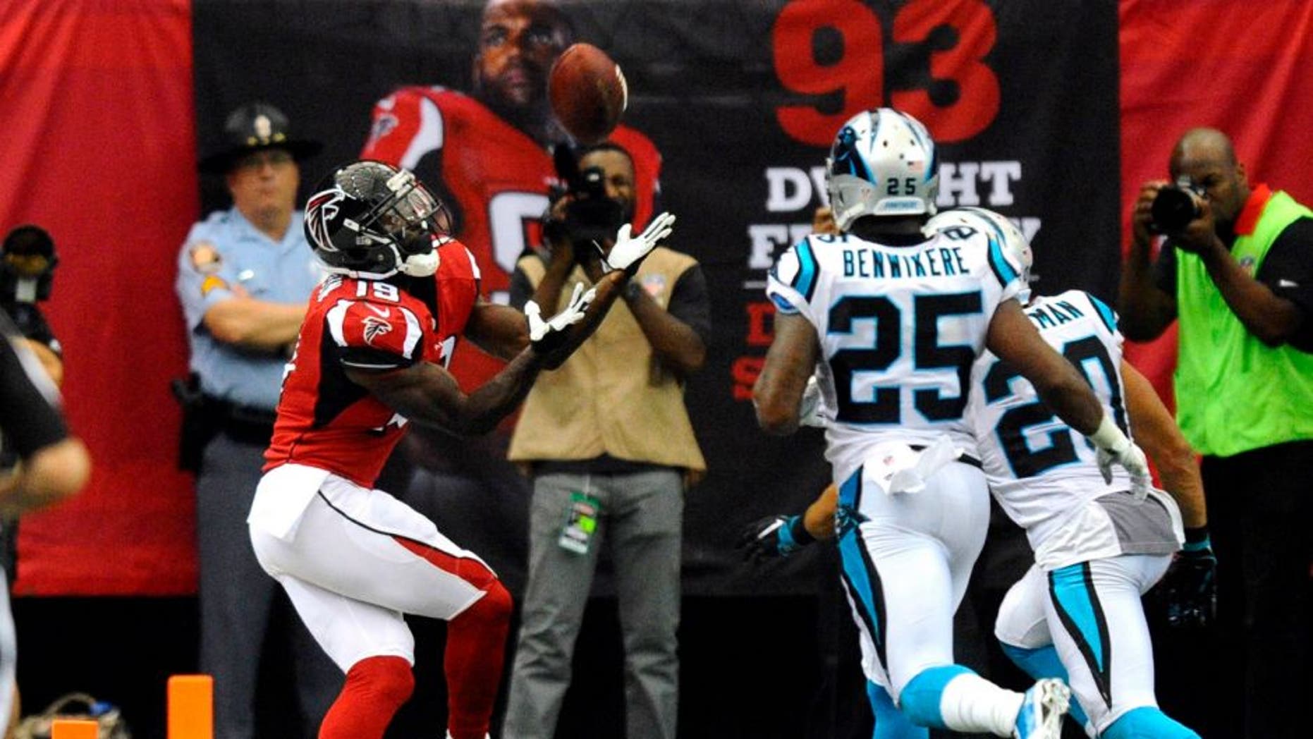 Atlanta Falcons wide receiver Aldrick Robinson (19) makes a touchdown reception past Carolina Panthers strong safety Kurt Coleman (20) and cornerback Bene' Benwikere (25) in the second half on Sunday, Oct. 2, 2016 at the Georgia Dome in Atlanta, Ga. Atlanta won 48-33. (David T. Foster III/Charlotte Observer/TNS)