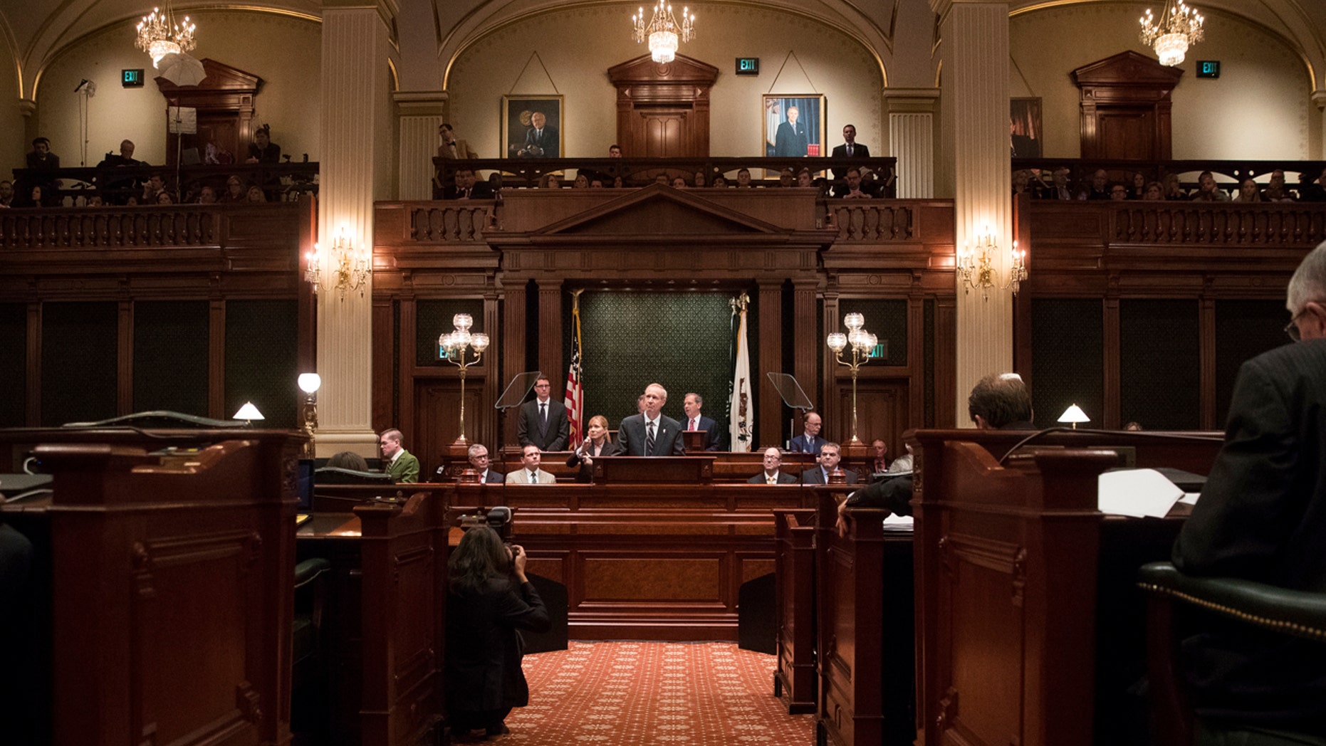 In this Jan. 25, 2017 file photo, Illinois Gov. Bruce Rauner delivers speaks in the Illinois House chamber in Springfield, Ill.