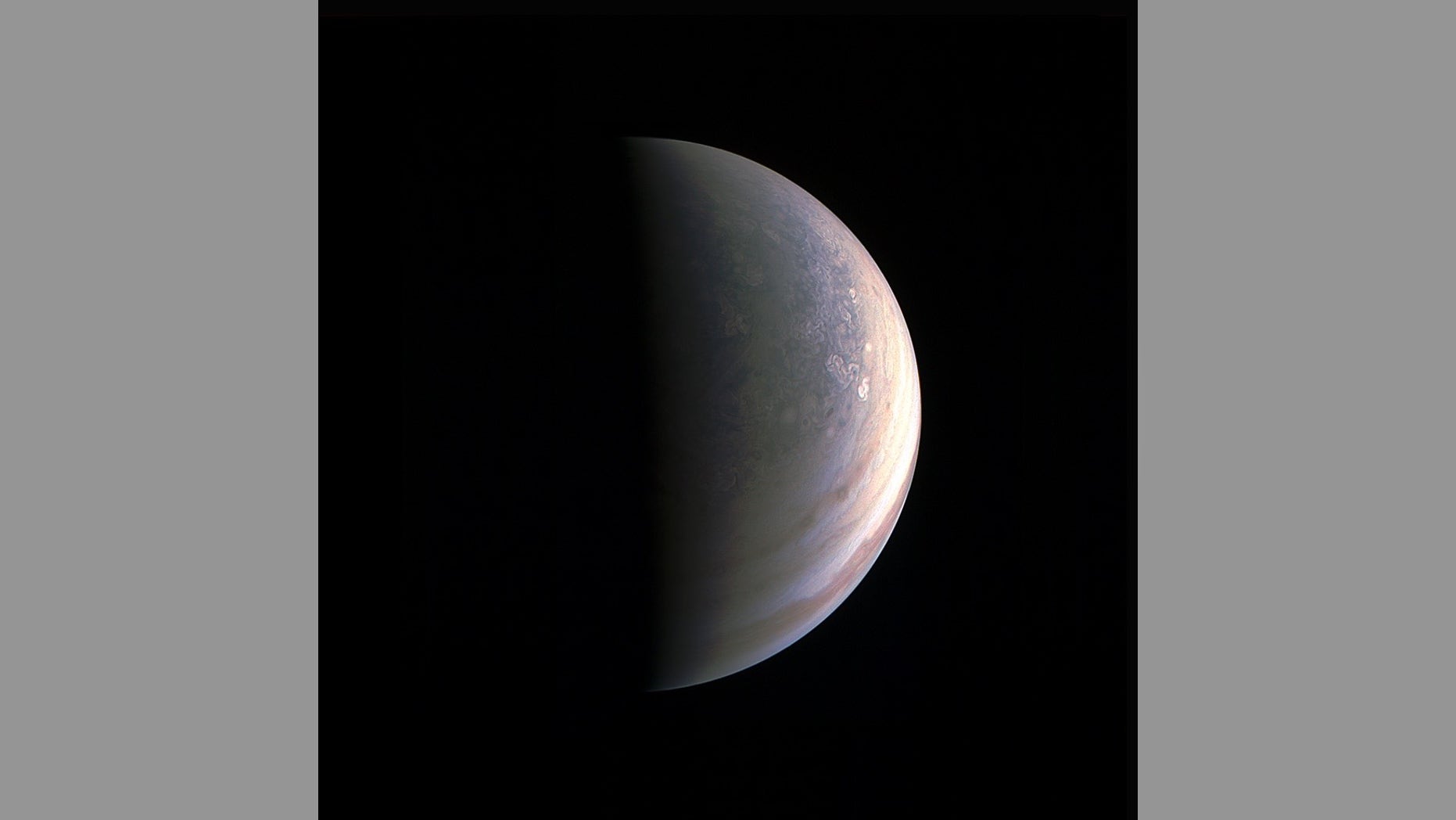 NASA's Juno spacecraft captured this view of Jupiter's north polar region during a close flyby on Aug. 27, 2016.