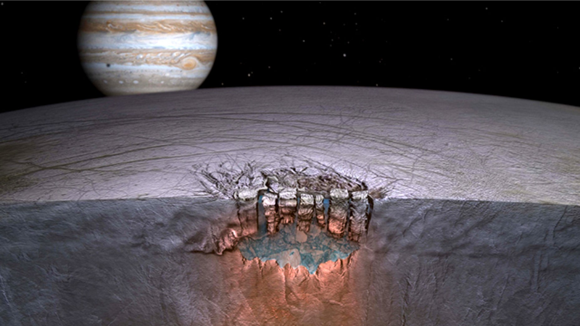 Europa's "Great Lake." Scientists speculate many more exist throughout the shallow regions of the moon's icy shell.