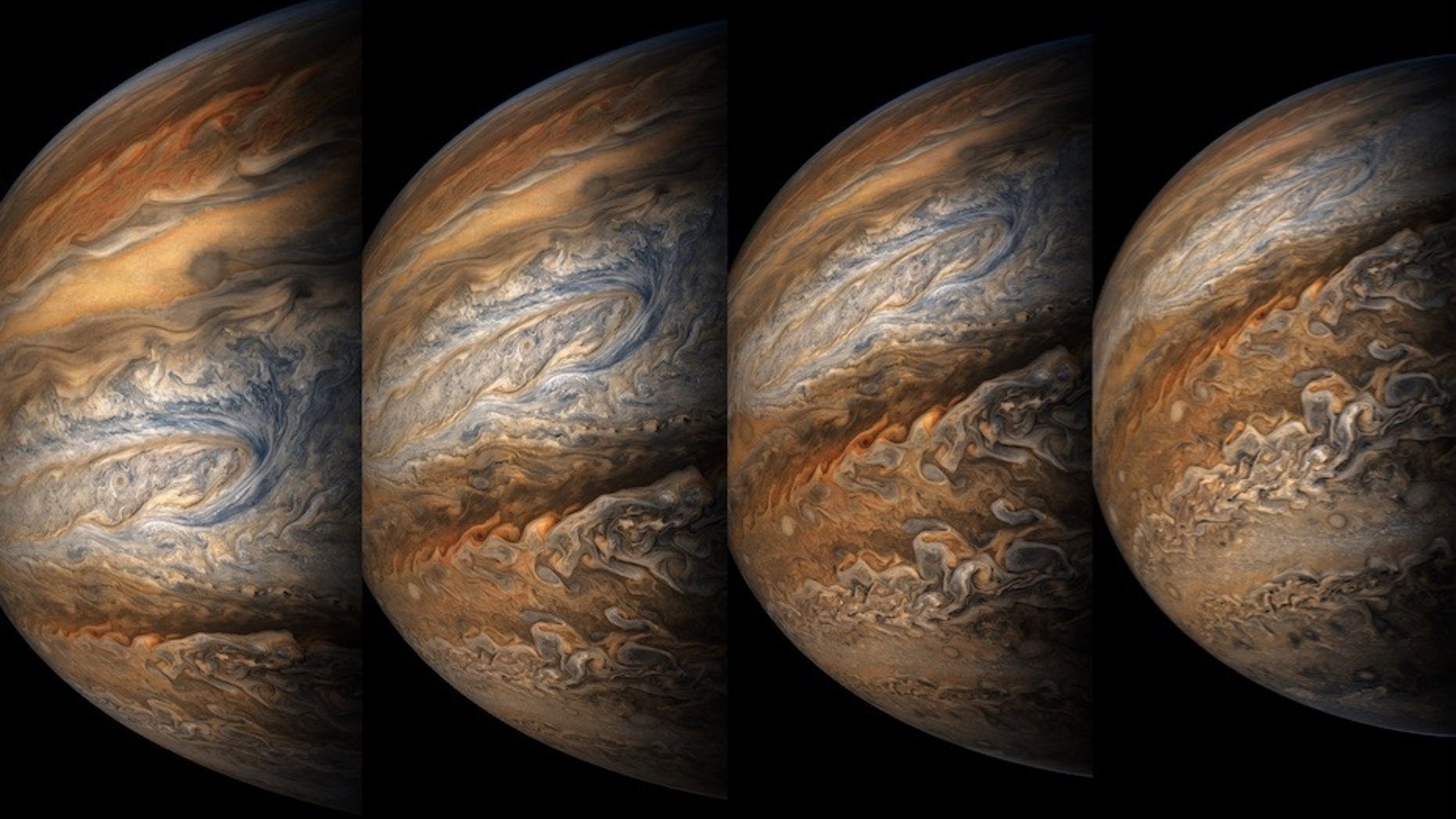 Citizen scientists Gerald Eichstätt and Sean Doran created this color-enhanced view of Jupiter using imagery captured by NASA's Juno spacecraft during its eighth close flyby of Jupiter, on Sept. 1, 2017.