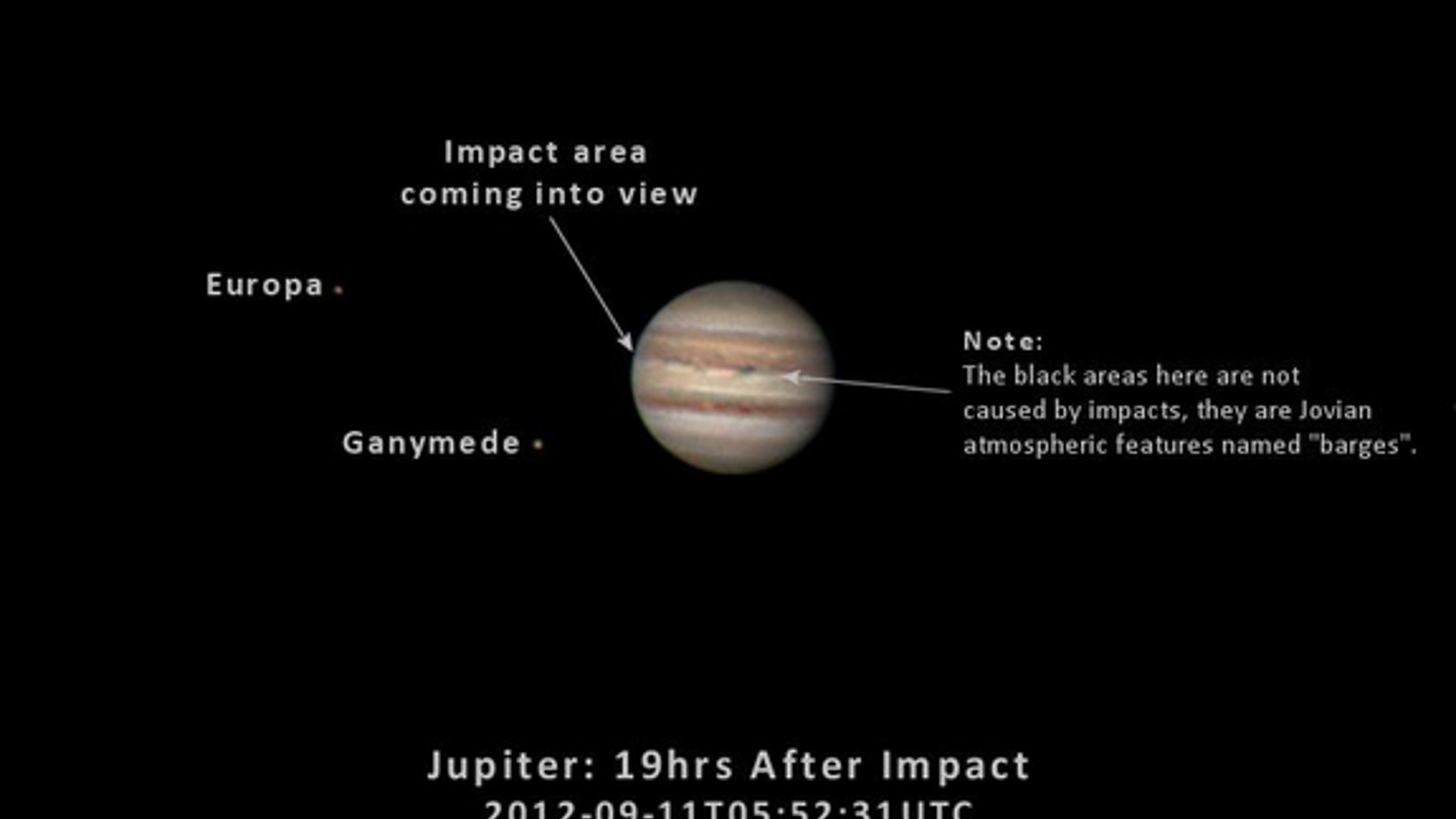 This photo of Jupiter taken by a Slooh Space Camera telescope in the Canary Islands, shows the face of Jupiter and location of its moons 19 hours after a bright impact flash was spotted by amateur astronomers on Sept. 12, 2012.