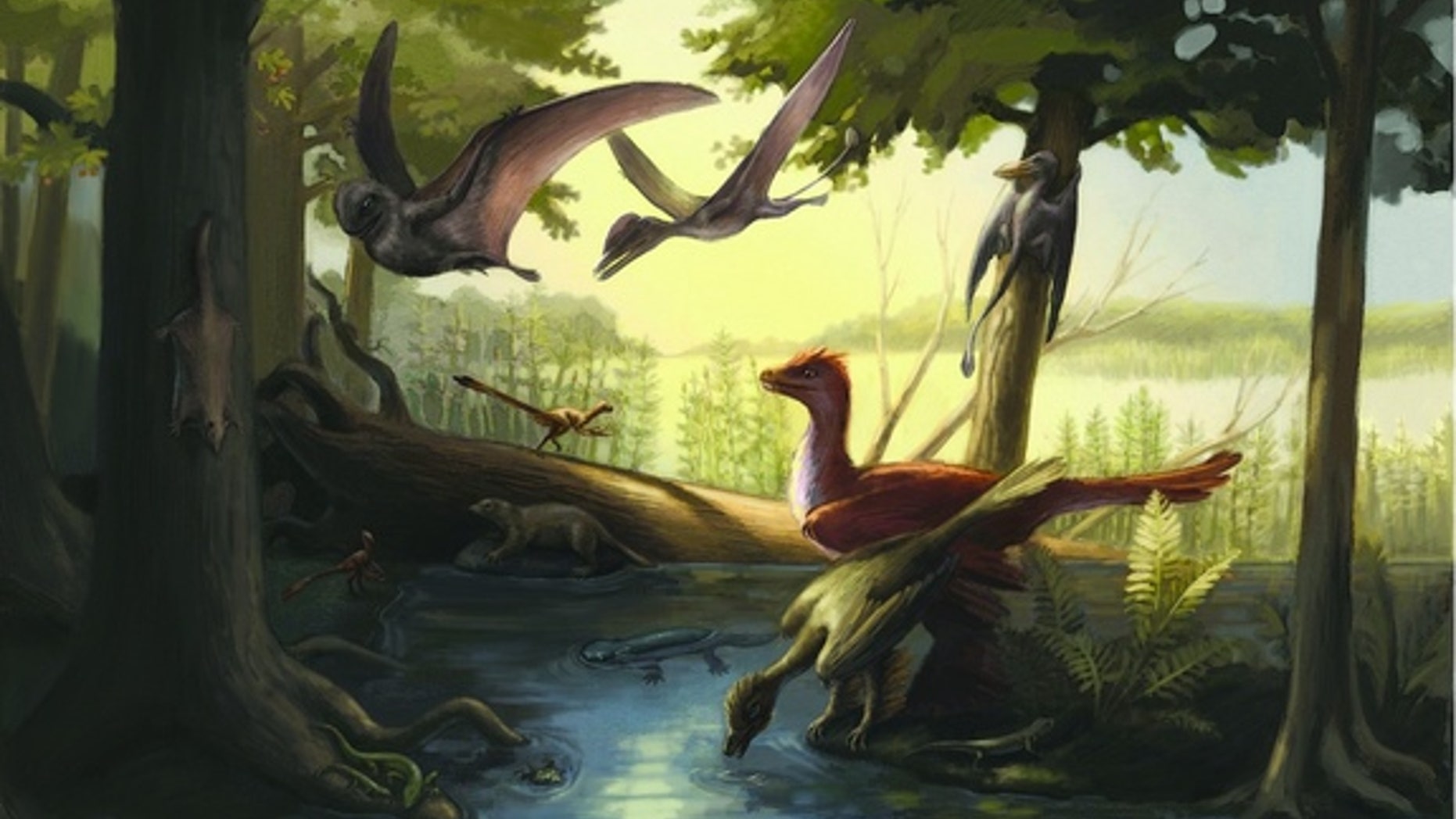 Here, a reconstruction of the Daohugou fauna featuring feathered dinosaurs, pterosaurs, early mammals and amphibians among others.