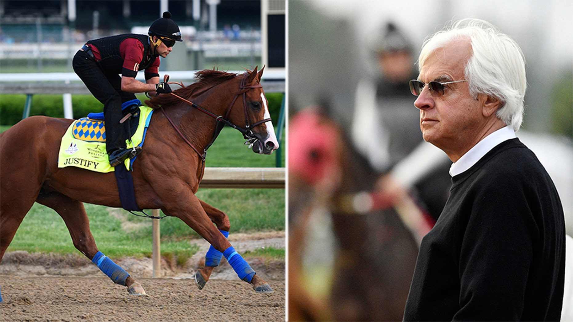 Kentucky Derby entrant Justify trains at Churchill Downs. His trainer Bob Baffert has won the Derby four times.