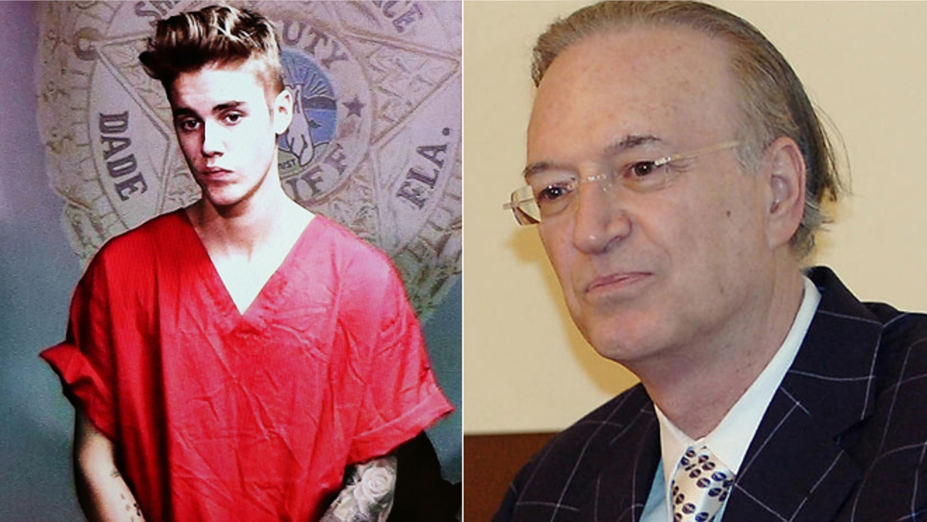 Justin Bieber appears in court via video feed, left, and attorney Roy Black is shown in a 2006 file photo, right.