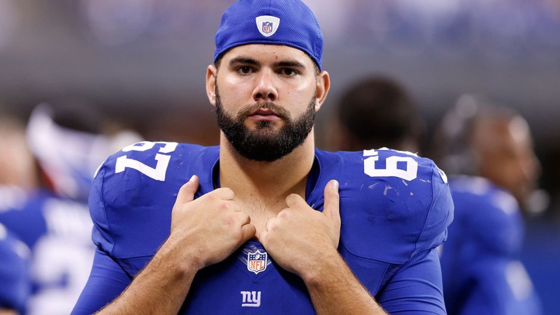 INDIANAPOLIS, IN - AUGUST 16: Justin Pugh #67 of the New York Giants looks on during an NFL preseason game against the Indianapolis Colts at Lucas Oil Stadium on August 16, 2014 in Indianapolis, Indiana. (Photo by Joe Robbins/Getty Images) *** Local Caption *** Justin Pugh