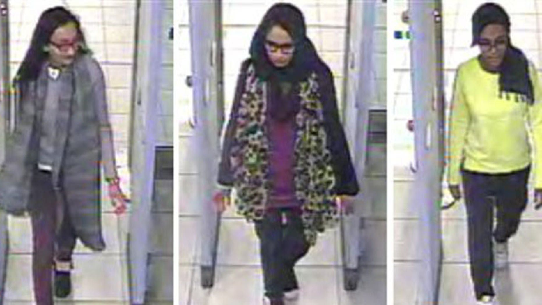 Monday Feb. 23, 2015 file handout image of a three image combo of stills taken from CCTV issued by the Metropolitan Police Kadiza Sultana, left, Shamima Begum, centre and and Amira Abase going through security at Gatwick airport, before they caught their flight to Turkey. (Metropolitan Police via AP)