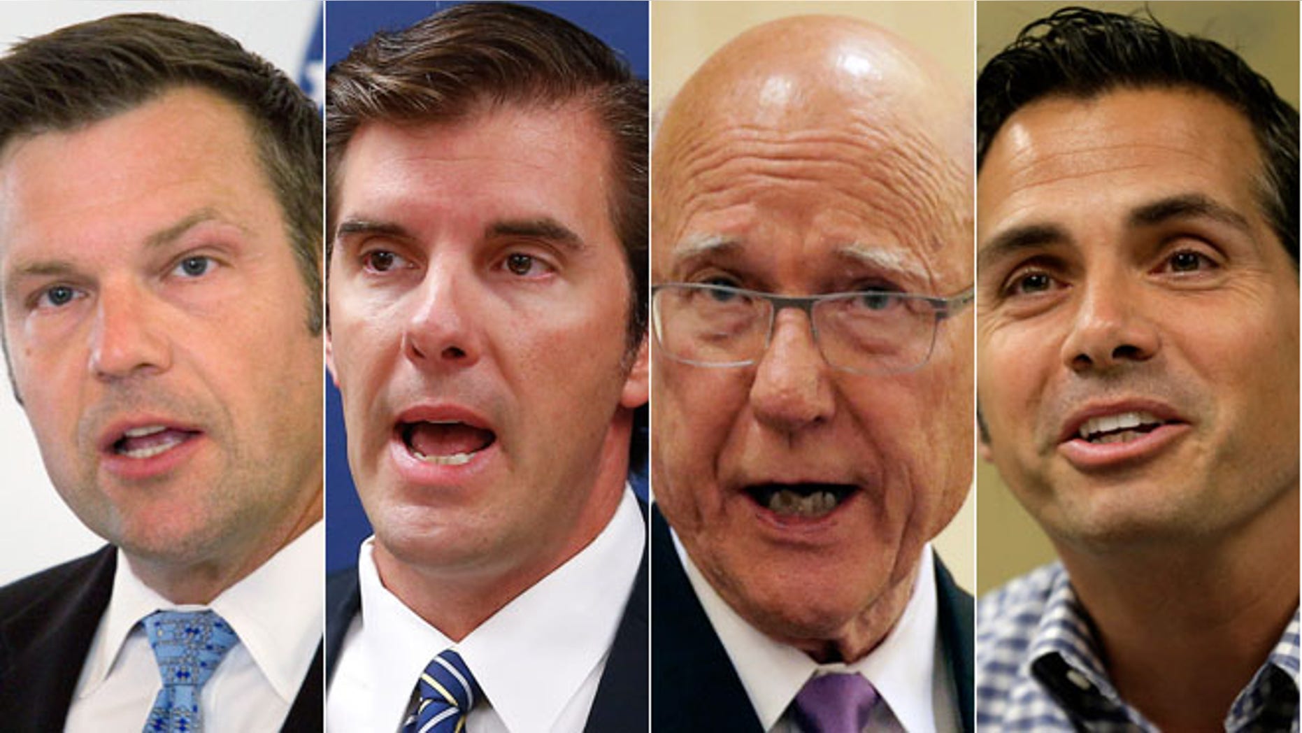 In this combination of Sept. 2014 photos are: Republican Kansas Secretary of State Kris Kobach, left; Chad Taylor, center left, the Democratic nominee for the U.S. Senate; Republican Sen. Pat Roberts, center right, and Independent Senate candidate Greg Orman, right. (AP)