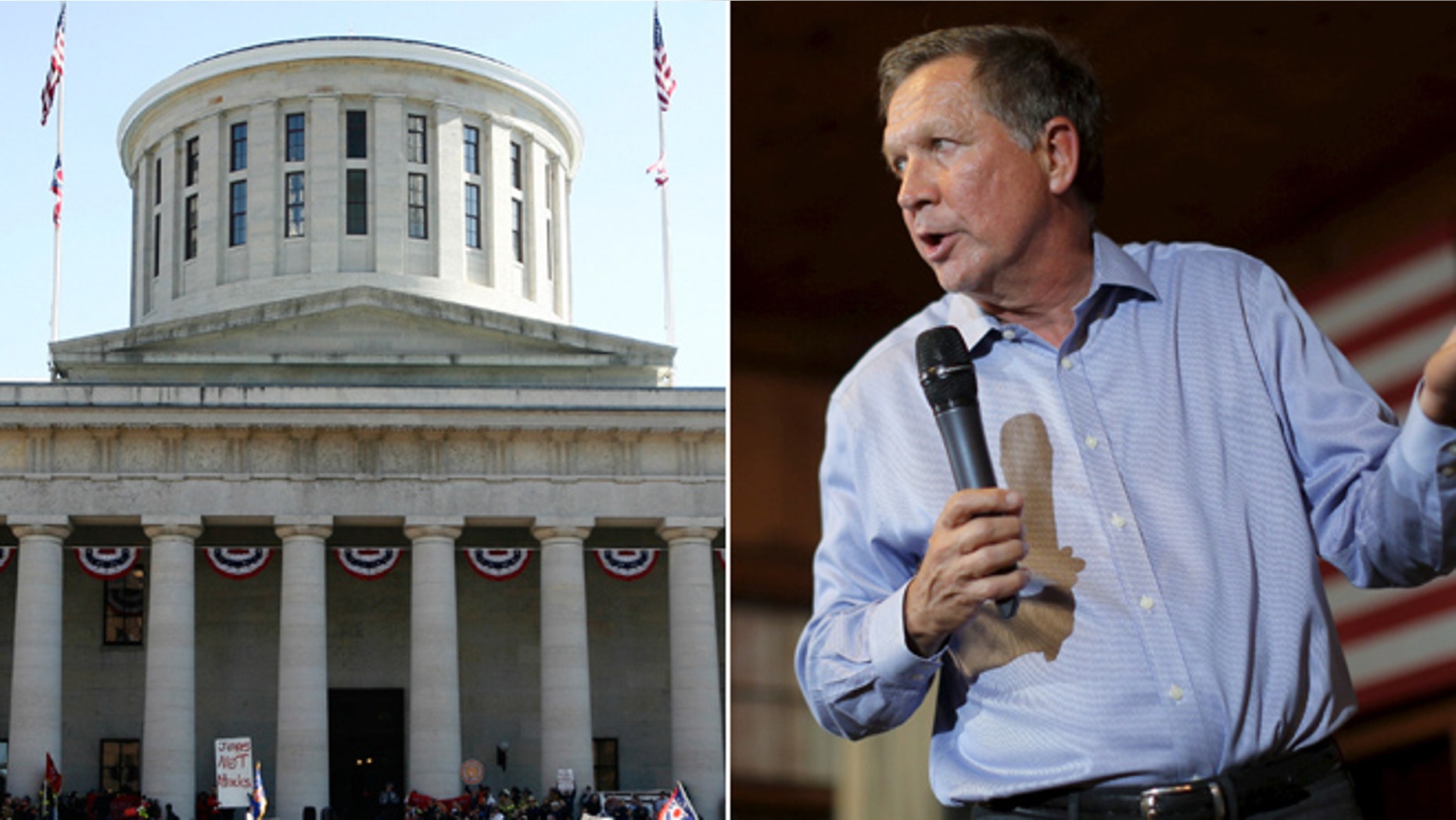 At left; the Ohio Statehouse. At right, Ohio Gov. John Kasich. (Reuters)