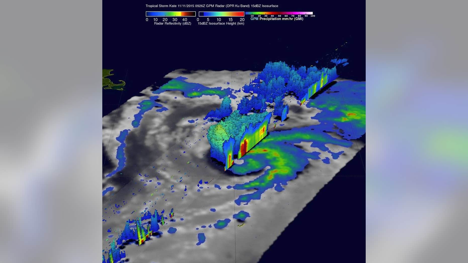On Nov. 11, GPM found that intense storms within feeder bands there were dropping rain at a rate of over 80 mm (3.1 inches) per hour. A 3-D cross section by GPM's Radar (DPR Ku Band) through Kate's weak eye shows intense storms swirling around the northern side of the tropical cyclone. (NASA/JAXA/SSAI, Hal Pierce)