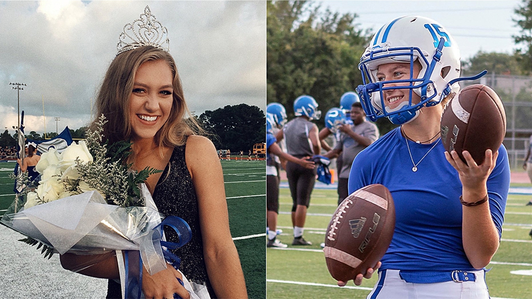 Homecoming Queen Kaylee Foster holds her football helmet while wearing a tiara on the field in Ocean Springs, Miss., Sept. 7, 2018.