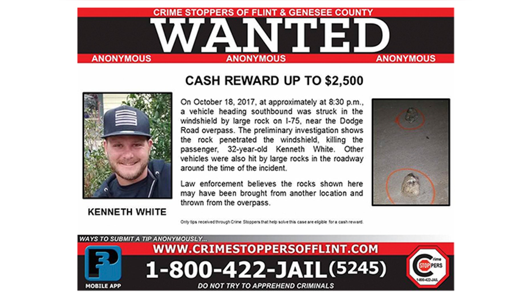 Crime Stoppers of Flint and Genesee County in Michigan posted a $2,500 reward in connection with an incident that killed Kenneth White.