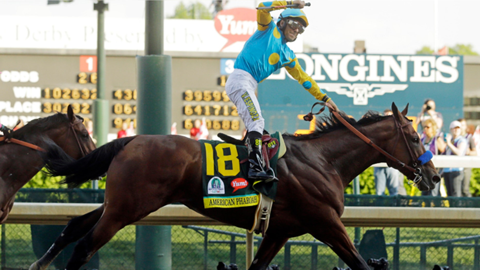 May 2, 2015: Victor Espinoza rides American Pharoah to victory in the 141st running of the Kentucky Derby horse race at Churchill Downs in Louisville, Ky. (AP)
