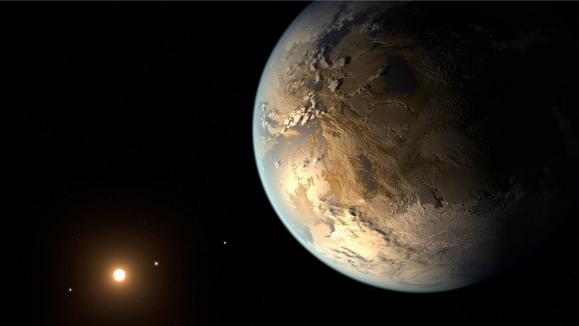 Artist's illustration of the alien planet Kepler-186f, which orbits in the habitable zone of a red dwarf star.