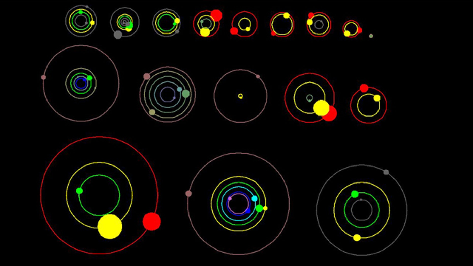 This artist's concept shows an overhead view of the orbital position of the planets in systems with multiple transiting planets discovered by NASA's Kepler mission, and announced on Jan. 26, 2012. All the colored planets have been verified. The planet candidates shown in grey have not yet been verified.