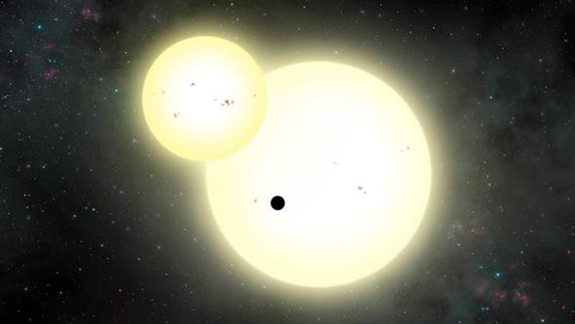 Artist's impression of the simultaneous stellar eclipse and planetary transit events on Kepler-1647 b. Such a double eclipse event is known as a syzygy. (Lynette Cook)