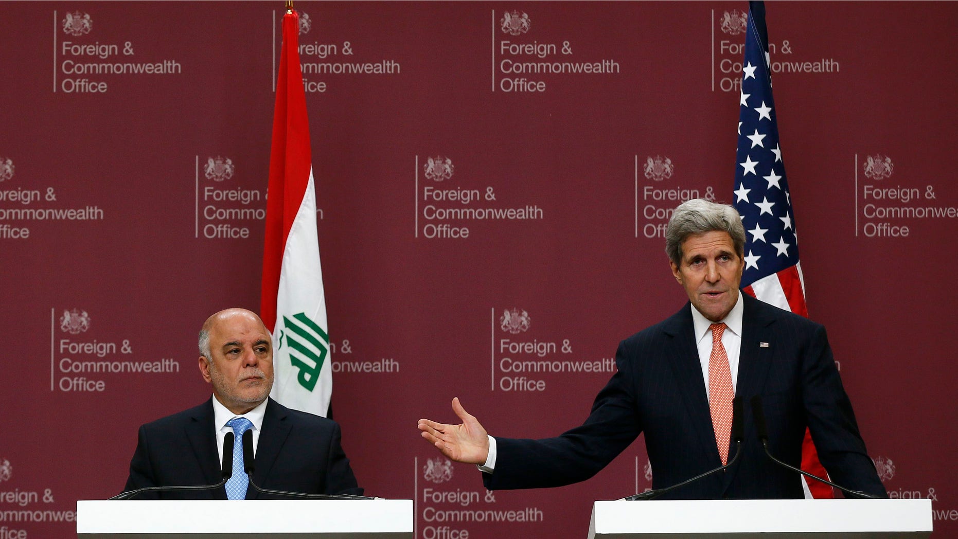 Jan. 22, 2015: Iraq's Prime Minister Haider al-Abadi, left, and U.S. Secretary of State John Kerry attend a press conference at the Foreign and Commonwealth Office in London.